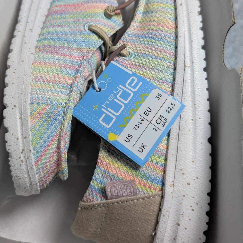 Hey Dude Wendy Youth Size 3 Stretch Aurora White Rainbow Striped Slip On Shoes